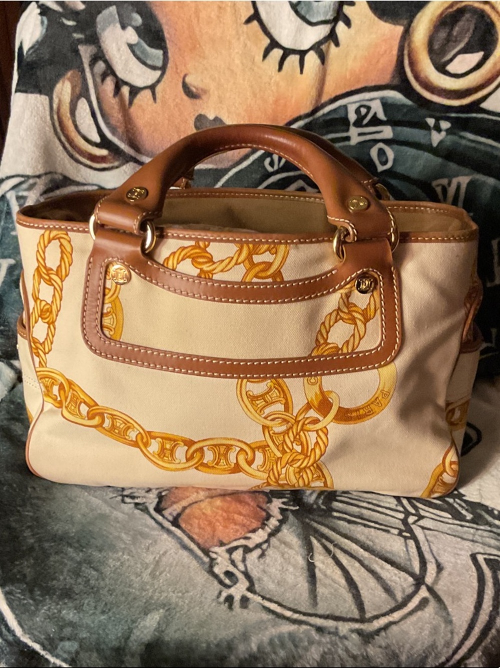 Celine Cream Canvas Satchel with Gold Chain Print and Tan Trim
